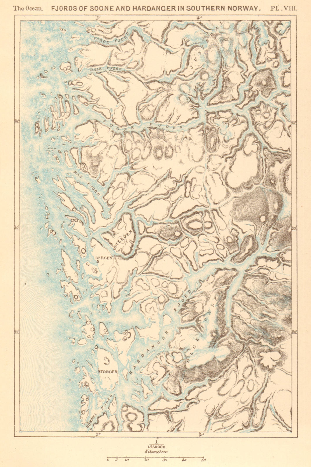 Fjords of Sogne and Hardanger in Southern Norway. Bergen 1886 old antique map